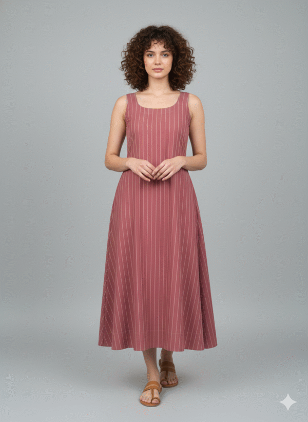 Vertical Stripe Sleeveless A-Line Midi Dress