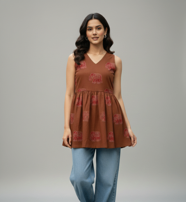 Artisan Elephant Motif Cotton Peplum Kurthi - Earthy Terracotta